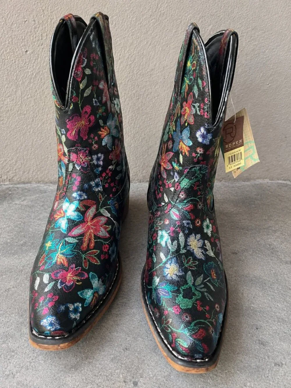 NWT Roper Ingrid 6.5 Metallic Black Floral Snip Toe Ankle Cowboy Boots Women's